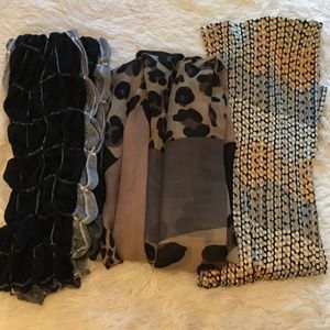 3 Long Scarf Bundle, Neutral Colors, Black White Brown, Semi-Sheer, Plaid, Dots